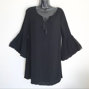 Xhilaration Boho Bell Sleeve Crinkle Tassel V Neck Black Dress S